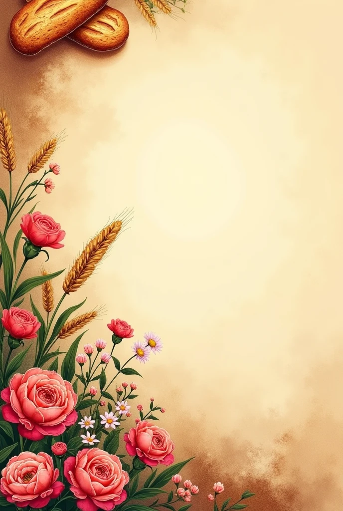 Create a background image for a bakery that is reminiscent of bread, wheat and cakes, that only has drawings on the left side, must be in size 1440 x 1024, use red tones, Yellow and brown, the image must be lying down and the drawing must be of a flowerbed with the left side