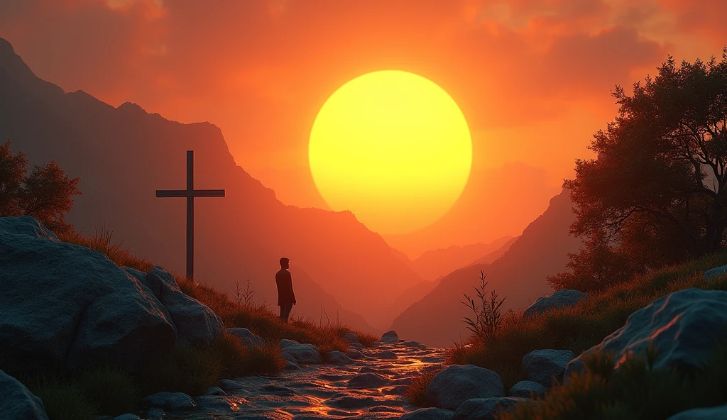Generate images of South American and European nature, add dark tones to images, and a beautiful strong orange sun, focus on the sun in images with an air of hope and faith... size 16:9 thumbnail style, when you can, add a wooden cross to the background of the images. research before you start, and reflect, tundra.