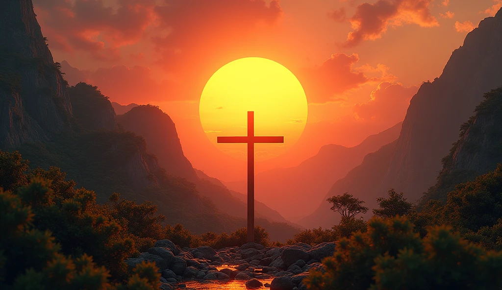 Generate images of South American and European nature, add dark tones to images, and a beautiful strong orange sun, focus on the sun in images with an air of hope and faith... size 16:9 thumbnail style, when you can, add a wooden cross to the background of the images. research before you start, and reflect, tundra.
