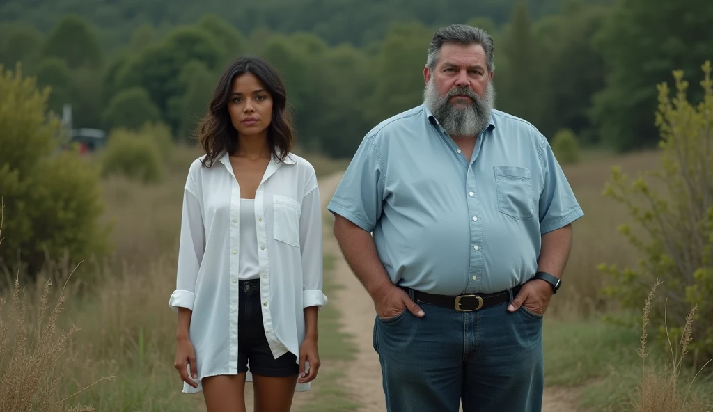 the best photo, the most realistic ,Clareza 4K, Woman , brown hair with shoulder length,age 25 ,White cotton shirt with black shorts, Delicate face, shoulder-length hair, ebony skin , .a Woman esta distraída (Woman não esta olhando para a foto ) ,homem e a Woman estão cansados , and there is no window with forest with bushes. 1 French man, aged 50, fatter ,Bblack hair , with gray beard, wearing a light blue dress shirt, black boot, and dark jeans