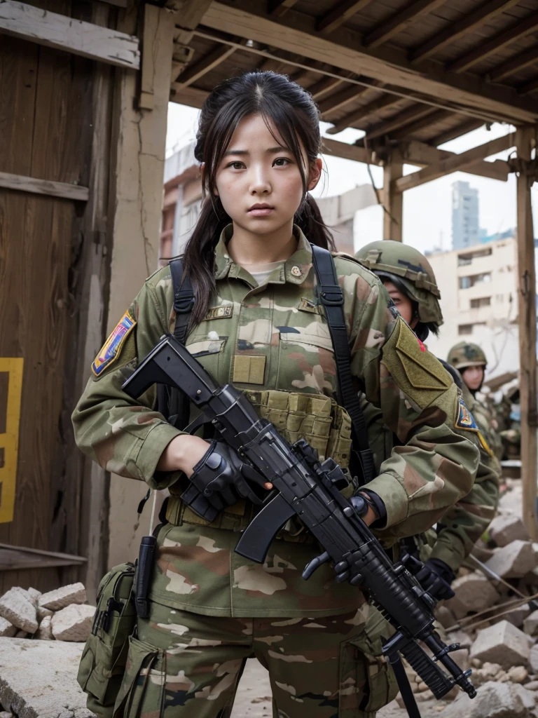 Female soldiers fighting in a war-torn city