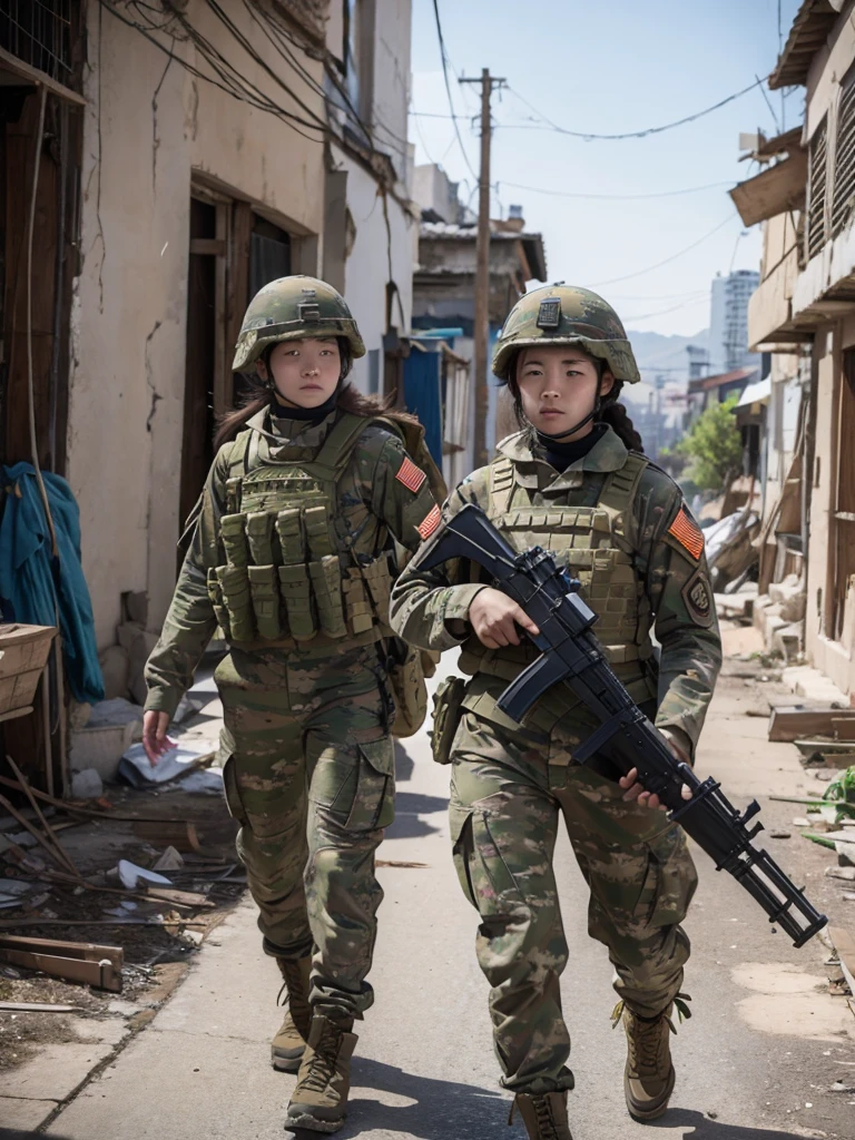 Female soldiers fighting in a war-torn city