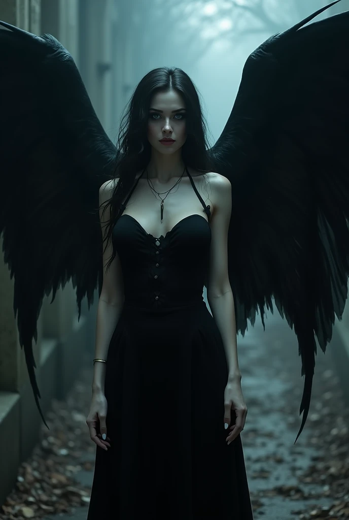 a realistic horror and beautiful woman vampire with Big dark wing devil 