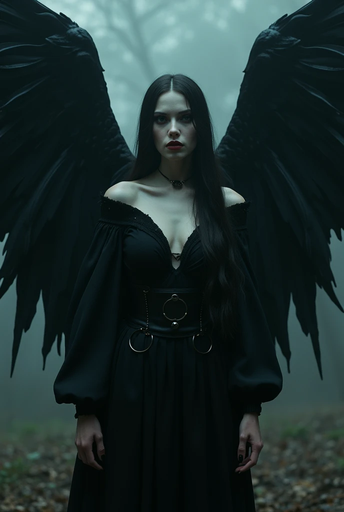 a realistic horror and beautiful woman vampire with Big dark wing devil