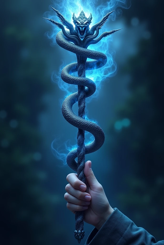 Magic wand with 7 snake heads on each side in blue and black.