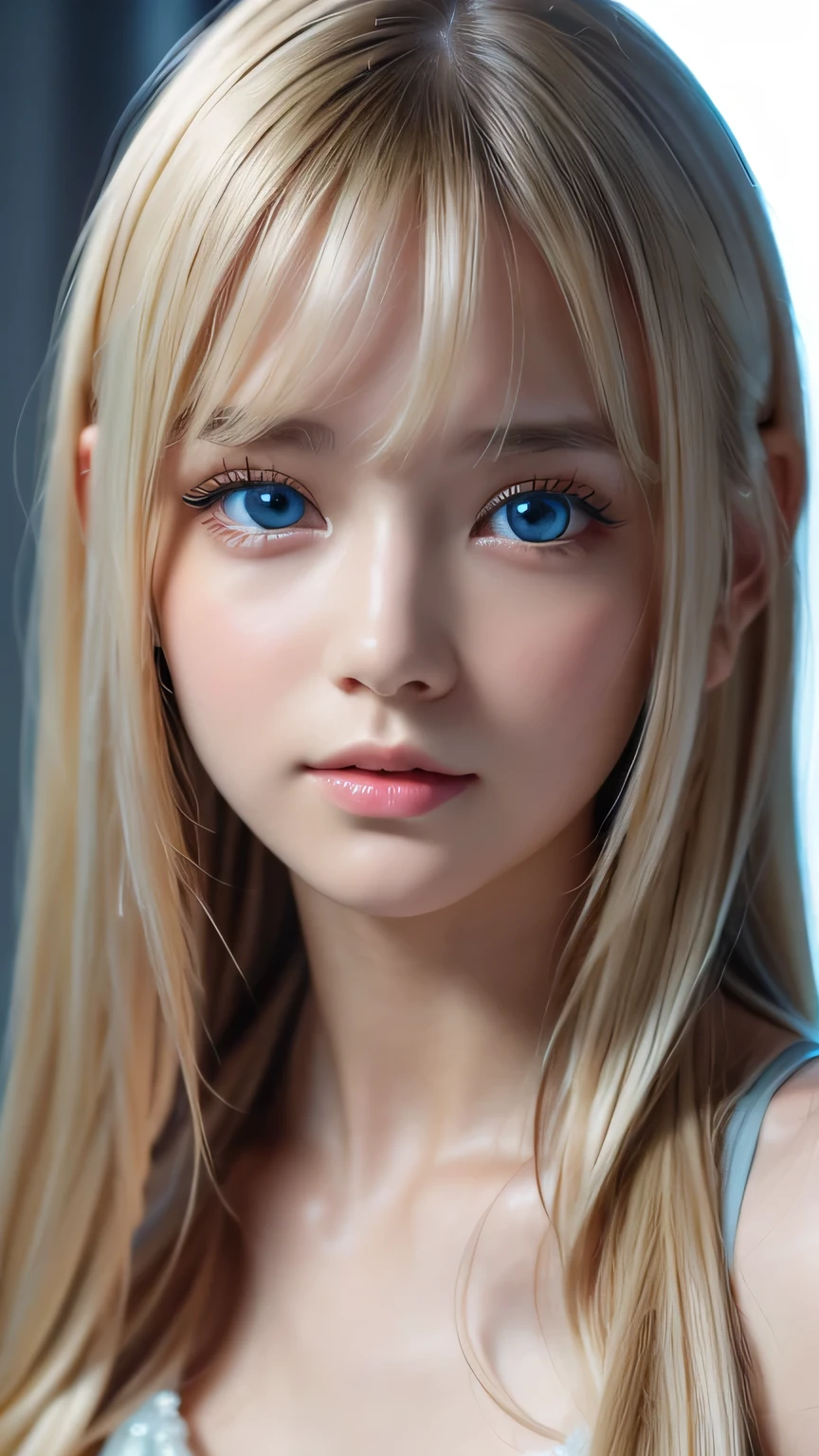 Highest quality、8K masterpiece、Ultra-high resolution、(Realistic:1.3)、RAW Photos、 A beautiful girl with mysteriously shining blonde hair of Nordic descent、Silvery blonde hair、Super long straight hair、Bangs between the eyes、Bangs that fall over the eyes、Bangs over one eye、Bangs between the eyes、Incredibly white, glowing skin、1. Cyberpunk Super Beautiful Soldier、((Ultra-Realistic Details))、Portraiture、Global Illumination、Shadow Realm、Octane Rendering、8k、Ultra Sharp、metals、Cool colors、、Very intricate details、Realistic Light、Trends of the CG Association、Very beautiful big bright blue eyes、Very big eyes、Eyes shining at the camera、Neon Details、Small Face Beauty、Round face、Highlights of cheek luster、eyeliner、Double eyelids