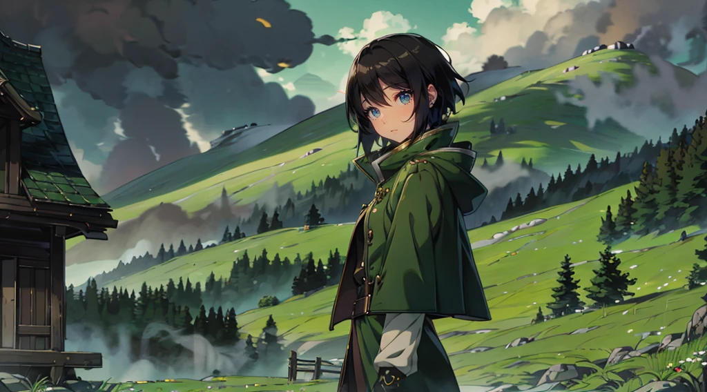 yuichiro hyakuya girl, (WithoutFear:1), 1 girl, black hair, green eyes, brown coat, gray armor, elves, sylvan, green shield, green cloak, dark brown gloves, forest, white fur trim, anime, standing, good quality, portrait, looking at viewer