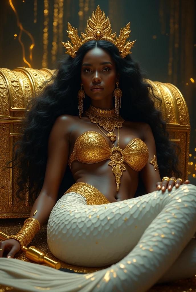 Black woman. Mermaid. White tail. Upper Body encrusted in gold. Golden eyes. Sultry look. Lays in a dark lair. Long black hair that reaches her feet. Golden crown on head that reaches her forehead. Long golden earrings. Full Finger Chinese style gold rings. Staring at a gold chest glittering. Golden staff on the floor cracking. Filled with golden lightening. Ultra high quality.