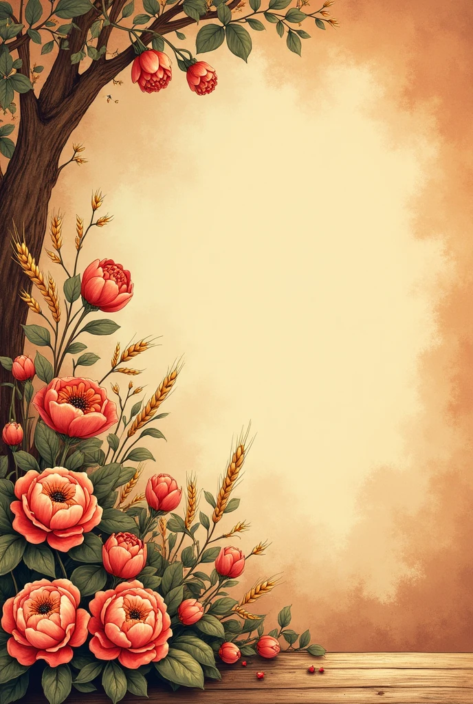 Create a background image for a bakery that is reminiscent of bread, wheat and cakes, that only has drawings on the left side, must be in size 1440 x 1024, use red tones, Yellow and brown, the image must be lying down and the drawing must be of a flowerbed with the left side, use your entire screen