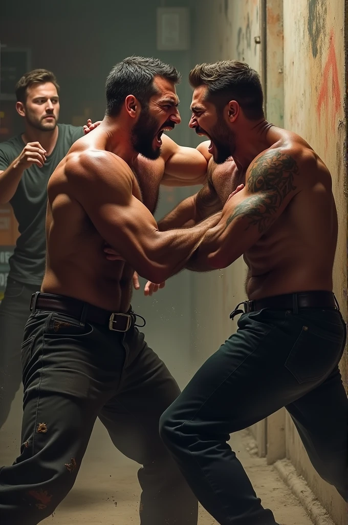 Two men playing and another trying to break up the fight 