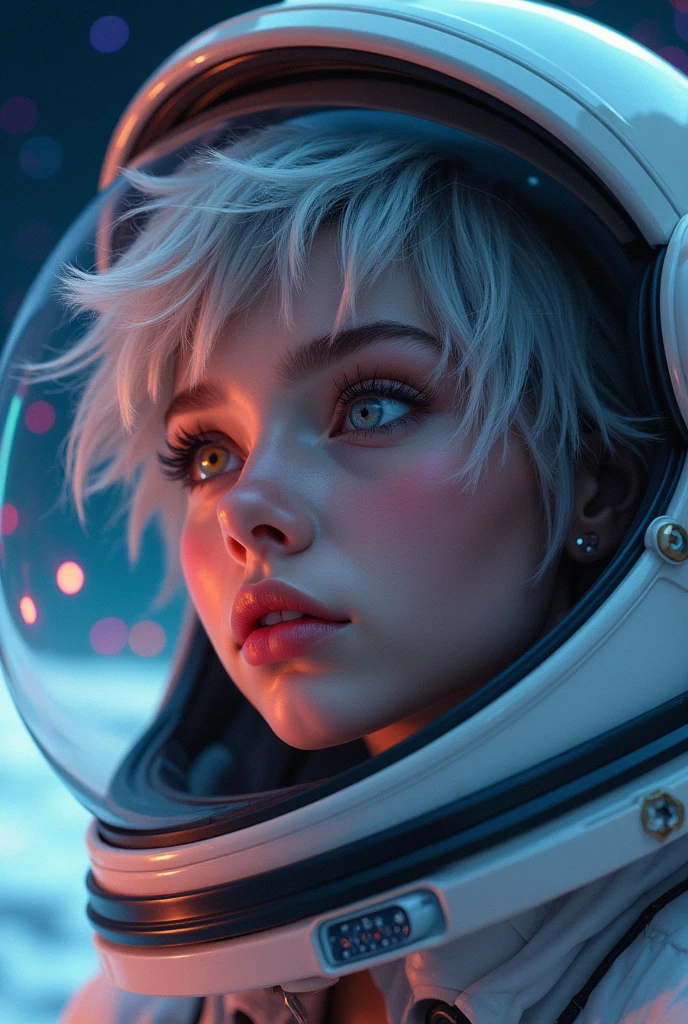 (Close-up of a better masterpiece:1.5)0.9], (Space and astronauts:1.2) (Messy silver hair:1.1) (Heterochromia xanthochromia and blue eyes:1.2) (Space Helmet:1.0) (Colored stars in the 