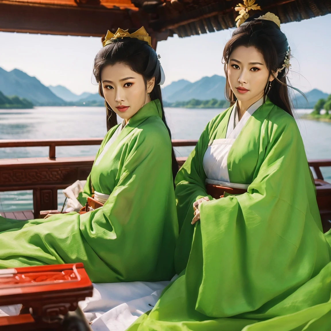 A beauty from the Chu and Han dynasties sitting on an ancient boat,Looking at the birds flying in the sky,Deep thoughts in the eyes。Surrounded by vast rivers and verdant mountains,The picture is full of grandeur and loneliness。