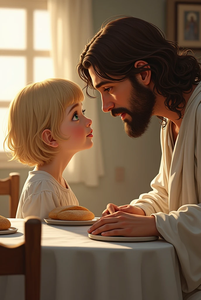 One of approximately , wearing a white outfit this child has short dark blonde hair, greeneyes, she is talking to Jesus Christ at a dinner table 