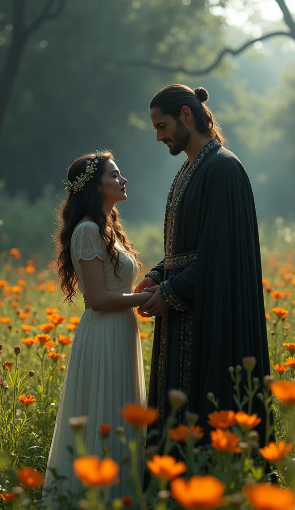However, Hades’ story is marked by his forbidden love for Persephone, daughter of Demeter, whom he abducted to make her his queen, a determined and conflicted man, ancient Greece, wearing regal black robes with silver accents, in a lush meadow turning to darkness, holding Persephone’s hand as she is pulled into the underworld, in the background, a stark contrast between bright flowers and encroaching shadows, hyper-realistic, photo realism, cinematography -- ar 9:16