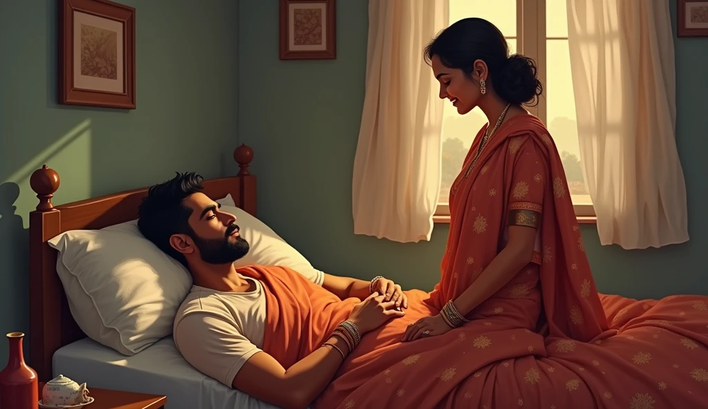 "An Indian man is lying in bed, while his wife, dressed in a saree, stands beside him. and she is smilling. "