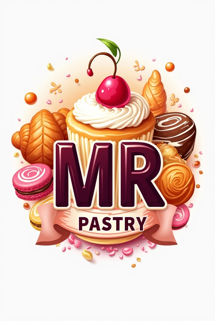 I need a logo with the initials MR with the phrase pastry with a cake and bright colors and pastry things in the background that says pastry