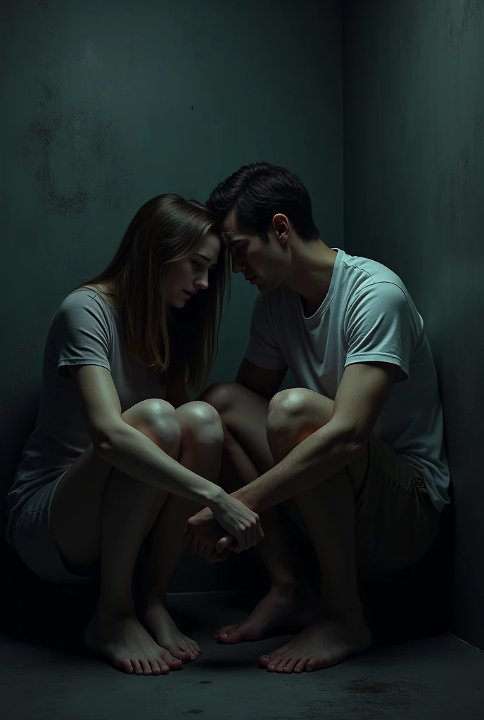 A woman and a man sitting in a dark place together in a distressed and sad manner 