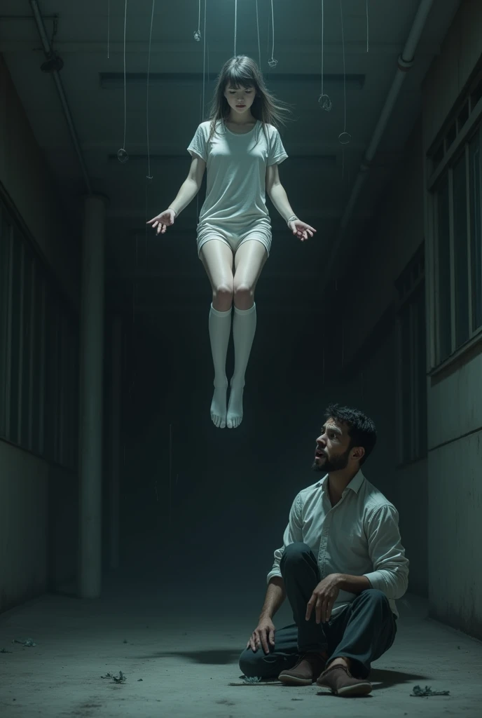 Scene of female student wearing white thigh high socks hanging herself to death ,hovering in the air , a man sitting on the ground in panic 