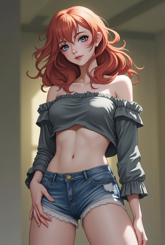 a close up of a woman with red hair and a gray shirt, redhead girl, amouranth, red head, better known as amouranth, smooth red skin, beautiful redhead woman, she is redhead, redhead woman, red haired goddess, short redhead, cute young redhead girl, red hair girl, red hair, with pale skin, she has red hair, redhead, (cuerpo de la imagen)