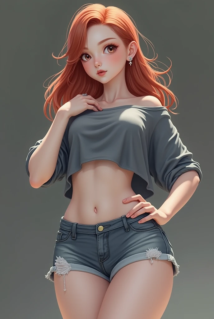 a close up of a woman with red hair and a gray shirt, redhead girl, amouranth, red head, better known as amouranth, smooth red skin, beautiful redhead woman, she is redhead, redhead woman, red haired goddess, short redhead, cute young redhead girl, red hair girl, red hair, with pale skin, she has red hair, redhead, (cuerpo de la imagen)