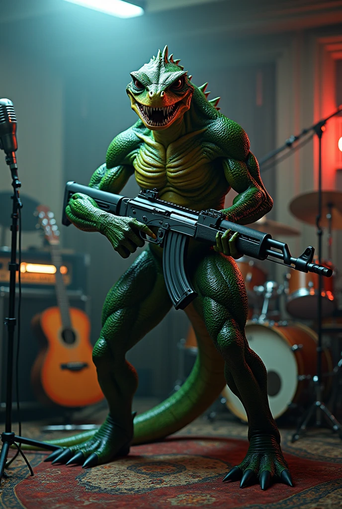 Humanoid reptile with two aka 47 in a music studio