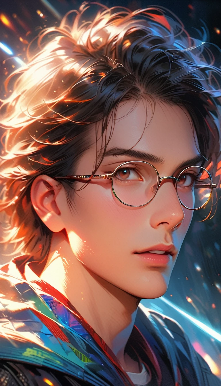 a young man, geek, portrait, detailed face, messy hair, glasses, hoodie, realistic, photorealistic, HDR, 8K, extremely detailed, award winning, highly detailed, intricate details, hyper realistic, cinematic lighting, dramatic lighting, dramatic contrast, vibrant colors, vivid colors, beautiful colors, beautiful lighting