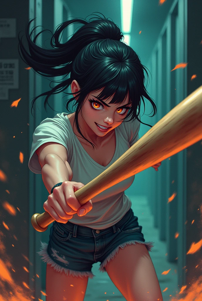 A female anime character with a baseball bat angrily destroying a mannequin in a secret place 
