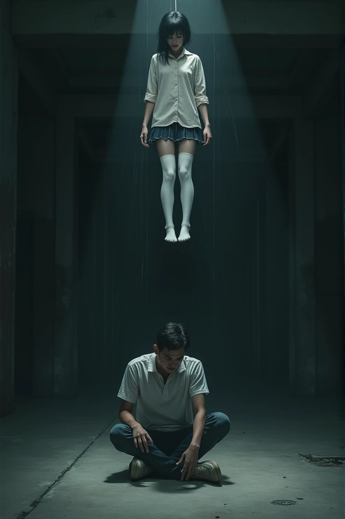 Schoolgirl scene in white thigh high socks , is being hanged ,hovering in the air , thòng lọng, a man sitting on the ground in panic