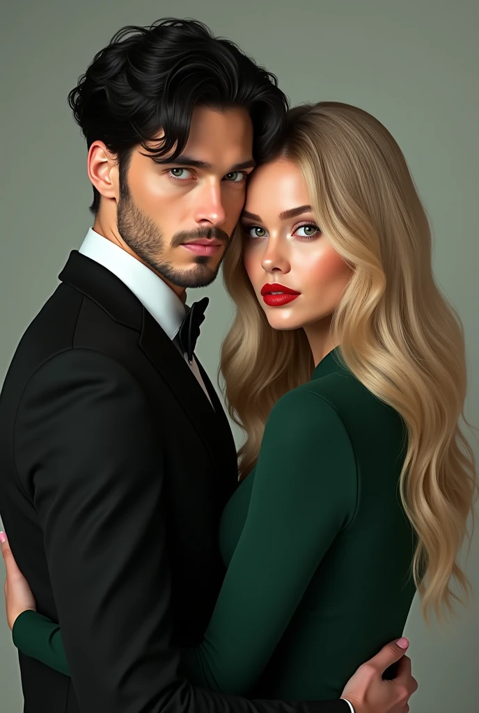 You can create an image of 2 people'face, young man with jet black hair, light blue eyes, with a few days' The value of a stubble beard in a black suit in the company of a blonde-haired woman, Long and wavy with very light green eyes., red, thick lips and dark green clothes
