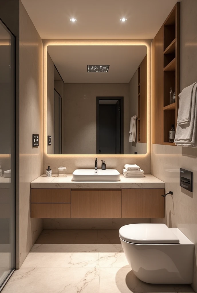 An upscale bathroom with advanced smart technology features, including touchless faucets, self-cleaning toilets, and a smart mirror displaying news and weather. The design should highlight both luxury and functionality.