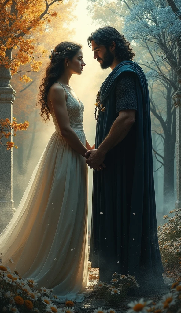 The origin of the eternal cycle of seasons is seen through Hades and Persephone, a powerful and solemn man alongside a young woman with a blend of sorrow and acceptance, ancient Greece, he in dark royal attire and she in a gown of both flowers and shadows, in a split scene between the underworld and the blooming earth, in the background, a transition from winter's chill to spring’s bloom, hyper-realistic, photo realism, cinematography -- ar 9:16