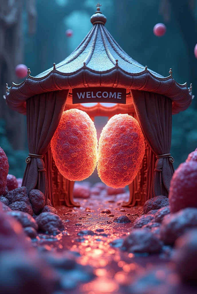 Image of A major event inside a eukaryotic cell. The tent has an entrance with a sign that says "Welcome to the Great Cellular Fusion