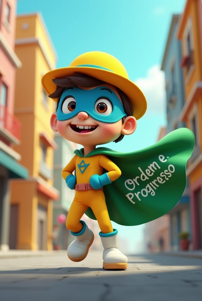 Imagine a quirky, cheerful superhero standing confidently, yet with an endearing hint of clumsiness. He’s dressed in a unique and vibrant costume: a bright yellow hat that slightly tilts to one side, a flowing green cape with the words 'ORDEM E PROGRESSO' boldly written in blue, fluttering in the wind behind him. His face is partially covered by a blue mask, with a playful, wide-eyed expression that radiates optimism and a touch of goofiness. His white boots are slightly oversized, adding to his lovable, bumbling nature.
The superhero's posture is dynamic, caught mid-action as if he’s about to leap into the air or just narrowly avoided a humorous mishap. The background is a stylized urban environment, with buildings and streets that reflect a mix of vibrant colors and energy. The overall vibe of the scene is light-hearted and fun, capturing the essence of a hero who, despite his occasional blunders, is dedicated to protecting and uplifting those around him with a smile on his face and a heart full of good intentions."