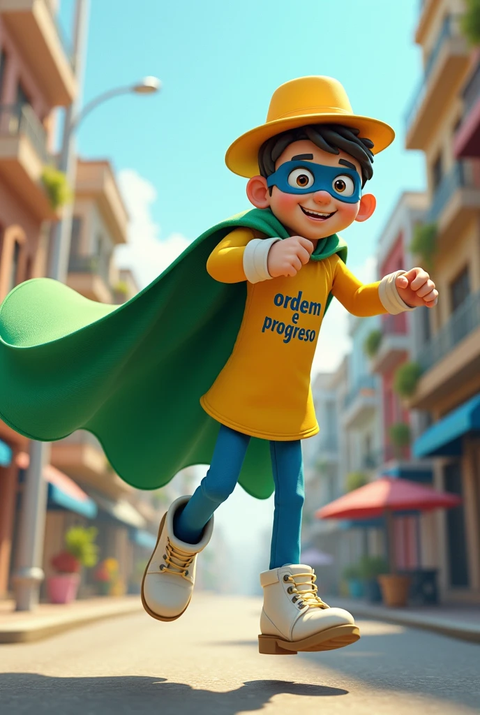 Imagine a quirky, cheerful superhero standing confidently, yet with an endearing hint of clumsiness. He’s dressed in a unique and vibrant costume: a bright yellow hat that slightly tilts to one side, a flowing green cape with the words 'ORDEM E PROGRESSO' boldly written in blue, fluttering in the wind behind him. His face is partially covered by a blue mask, with a playful, wide-eyed expression that radiates optimism and a touch of goofiness. His white boots are slightly oversized, adding to his lovable, bumbling nature.

The superhero's posture is dynamic, caught mid-action as if he’s about to leap into the air or just narrowly avoided a humorous mishap. The background is a stylized urban environment, with buildings and streets that reflect a mix of vibrant colors and energy. The overall vibe of the scene is light-hearted and fun, capturing the essence of a hero who, despite his occasional blunders, is dedicated to protecting and uplifting those around him with a smile on his face and a heart full of good intentions."