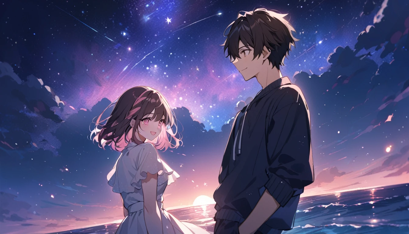 high school student,1 male,1 female,Medium Hair, Dark brown hair, Pink highlights on the tip, Pale pink eyes,Smile Facial,A vast night sky with twinkling stars,Ocean