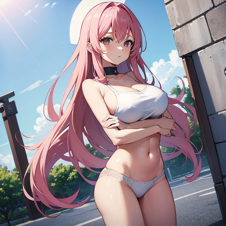 Nino:long pink hair,She has big breasts and is wearing tight, wet white panties and a tight, wet black bra.,she is standing,Anime 8k