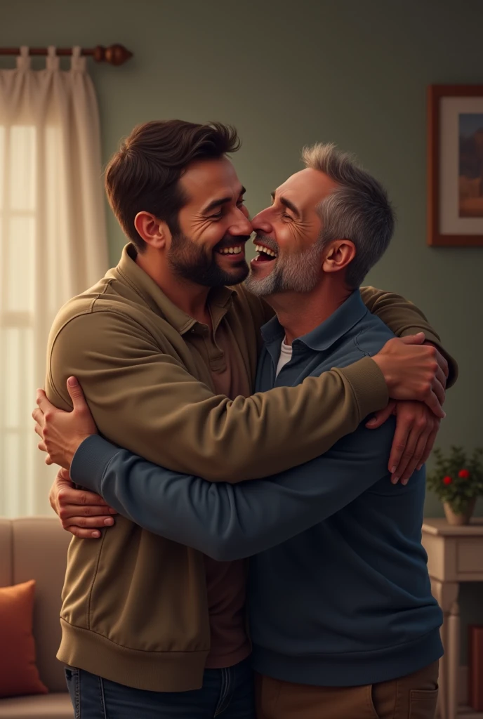 Two men hugging each other, one smiles and one cries.