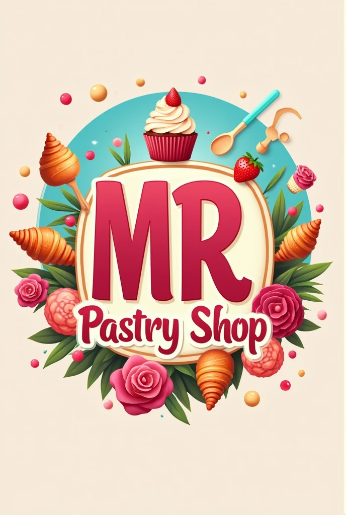 I need a logo with the initials MR with the phrase pastry shop with a cake and bright colors and pastry things in the background that says pastry shop