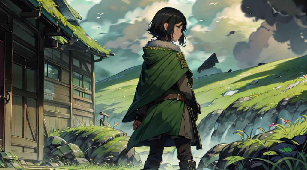 yuichiro hyakuya girl, (WithoutFear:1), 1 girl, black hair, green eyes, brown coat, gray armor, elves, sylvan, green shield, green cloak, dark brown gloves, forest, white fur trim, anime, standing, good quality, portrait, looking at viewer