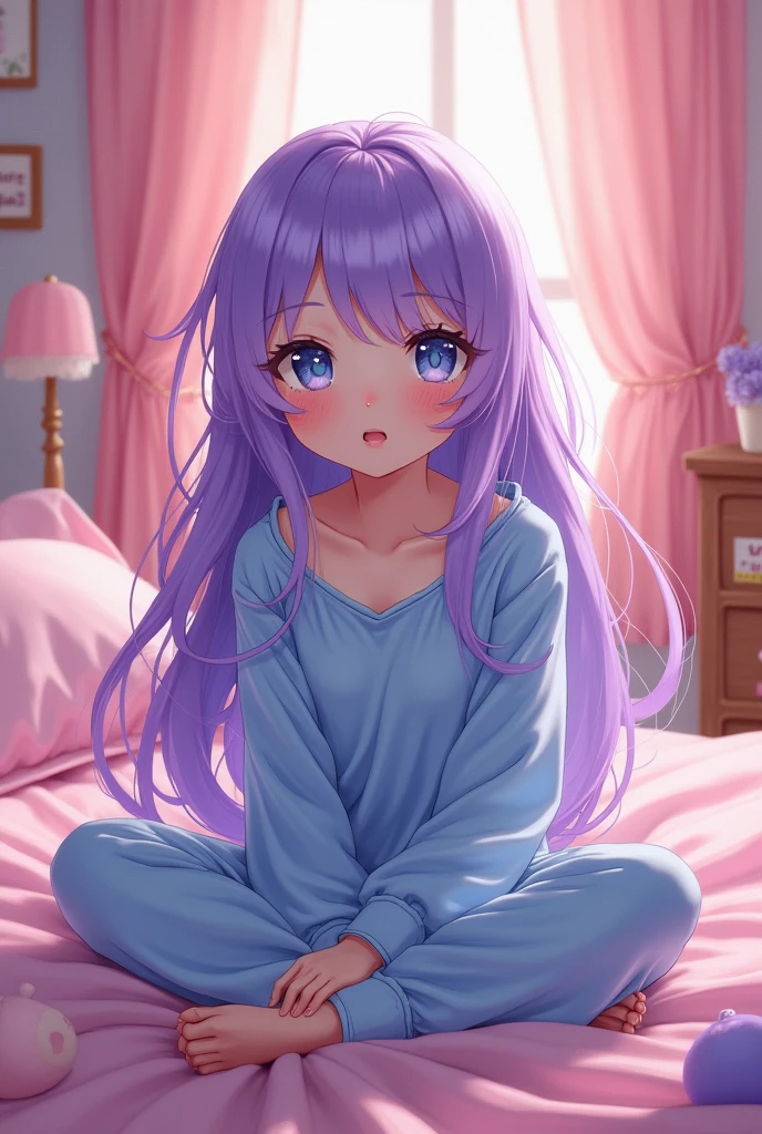 , like , long wavy violet hair, blue eyes, He is wearing blue pajamas, is in her pink room. anime style.