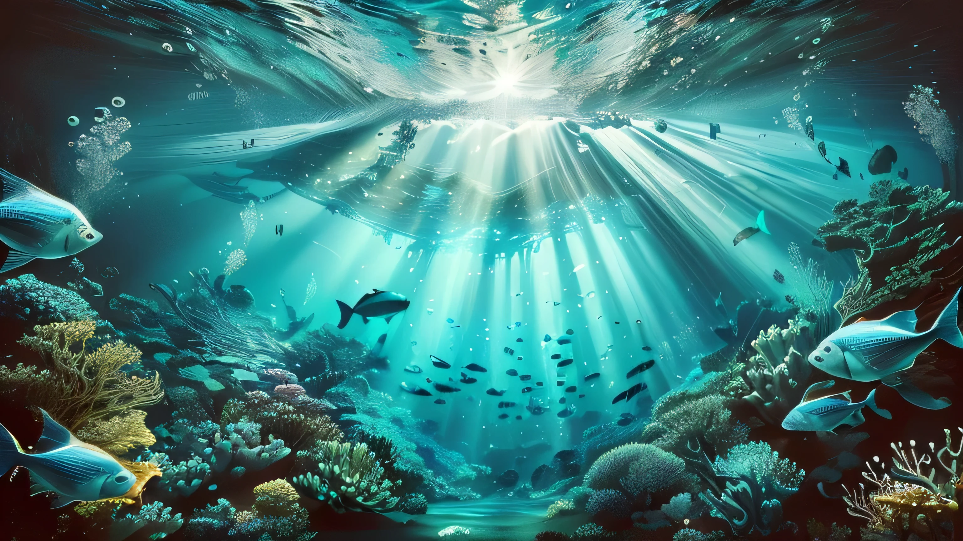 there are many fish swimming together in the ocean, underwater light rays, underwater ocean, underwater scenery, underwater landscape, deep underwater scene, underwater scene, underwater scenery, under'water with corals and fish, undersea environment, underwater perspective, Rays of the sun shine through the water, incredible depth, underwater view, underwater environment, incredible depth, undersea, deep sea landscape
