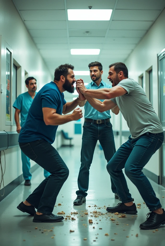 Two men playing and another trying to break up a fight inside the hospital