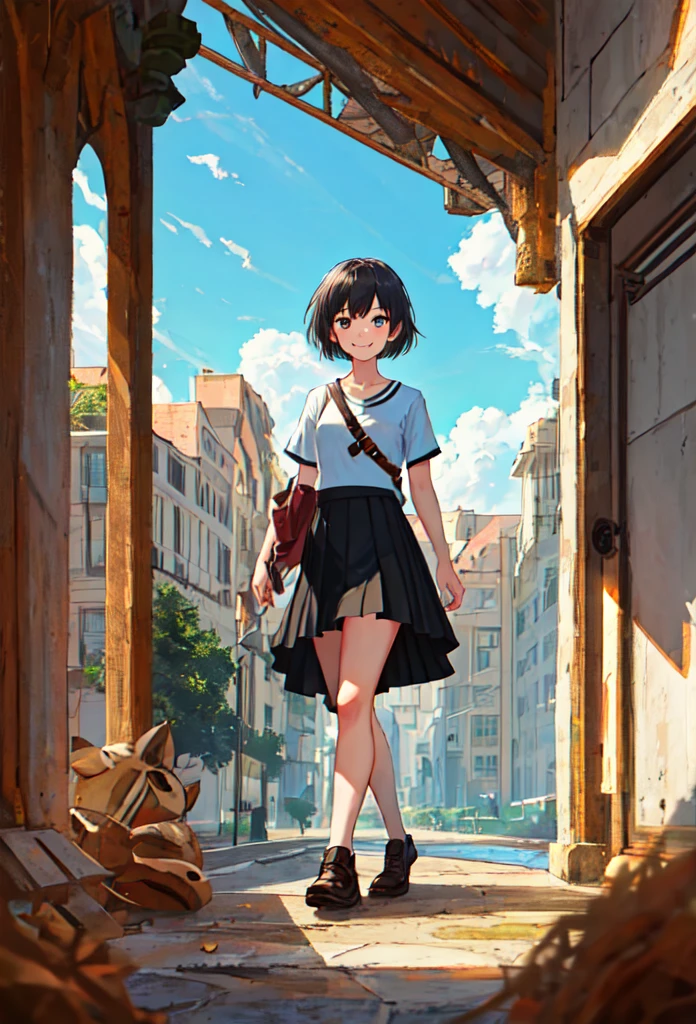 {Safety:1.10}, Highest quality, masterpiece, High resolution, alone, {Get stronger_Fleet Collection:0.90}masterpiece, Highest quality, View your viewers, Depth of written boundary, walk, smile, One person, short hair, Short sleeve, skirt,