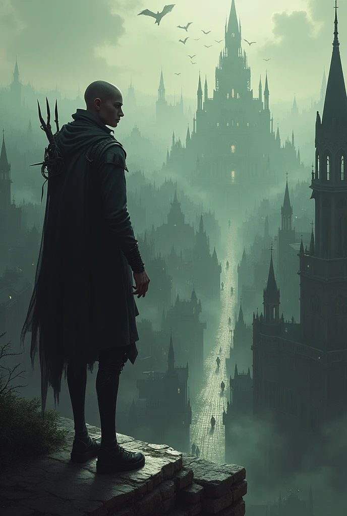 The protagonist of The Lies of P contemplating the city of Krat from a viewpoint