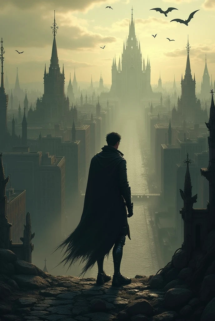 The protagonist of The Lies of P contemplating the city of Krat from a viewpoint