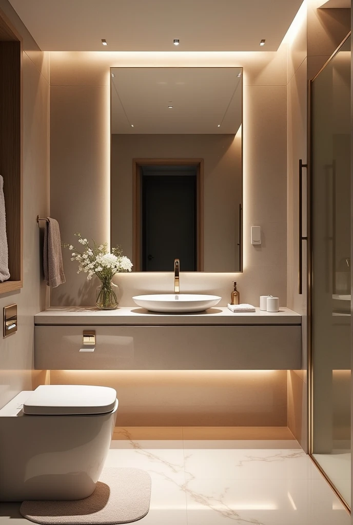 An upscale bathroom with advanced smart technology features, including touchless faucets, self-cleaning toilets, and a smart mirror displaying news and weather. The design should highlight both luxury and functionality.