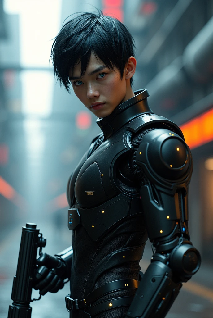 a high tech cyborg superhero, 1boy, short black hair, blue eyes, wearing a black suit with a mechanical arm, holding a gun, super blue, cyborg armor, optimus prime and ekkarit masiha inspired, photorealistic, ultra-detailed, 8k, (best quality,masterpiece:1.2),highly realistic, cinematic lighting, dynamic composition, dramatic shadows, vivid