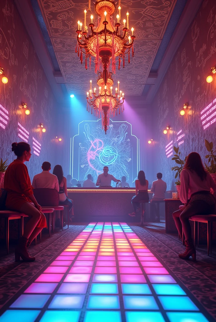 (Photorealism:1.2), Create image, fantasy party,indoor space with a vibrant and colorful dance floor, composed of illuminated tiles in various colors. Above the track, there is a chandelier with colorful cloths, including spotlights in shades of purple, blue and pink. The walls are decorated with bright colored ribbons , featuring a variety of white scribbles and lines on a dark background,dj, Include a bar with fantasy themed cocktails,lora