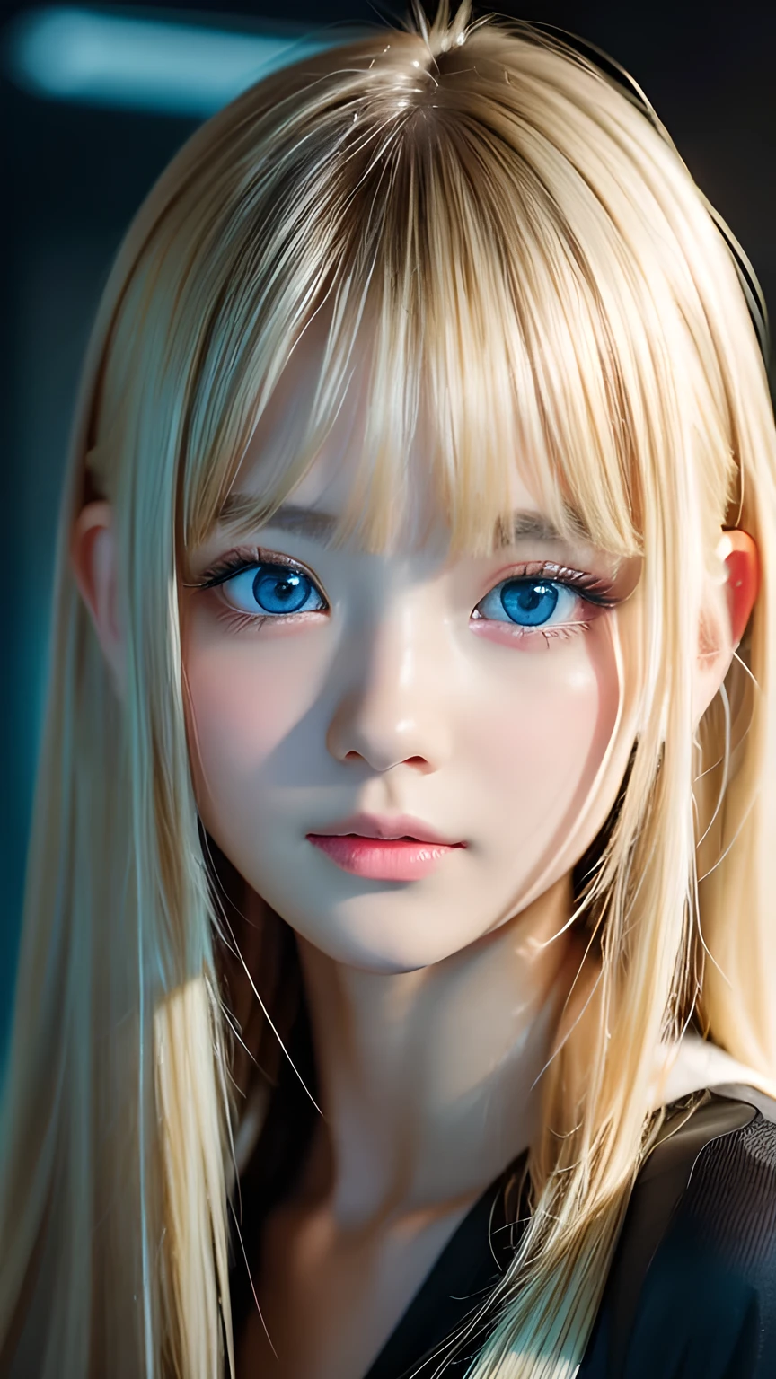 Highest quality、8K masterpiece、Ultra-high resolution、(Realistic:1.3)、RAW Photos、 A beautiful Scandinavian girl with mysteriously shining blonde hair、Silvery blonde hair、Super long straight hair、Bangs between the eyes、Bangs that cover the eyes、One side of the bangs that cover the eyes、Bangs between the eyes、Incredibly white, Glowing Skin、1. Cyberpunk Super Beautiful Soldier、((Ultra-Realistic Details))、Portraiture、Global Illumination、Shadow Realm、Octane Rendering、8k、Ultra Sharp、metals、Cool colors、、Very intricate details、Realistic Light、Trends of the CG Association、So beautiful、big、Bright Blue Eyes、Very big eyes、Eyes shining at the camera、Neon Details、Small Face Beauty、Round face、Highlights of cheek luster、eyeliner、double eyelid