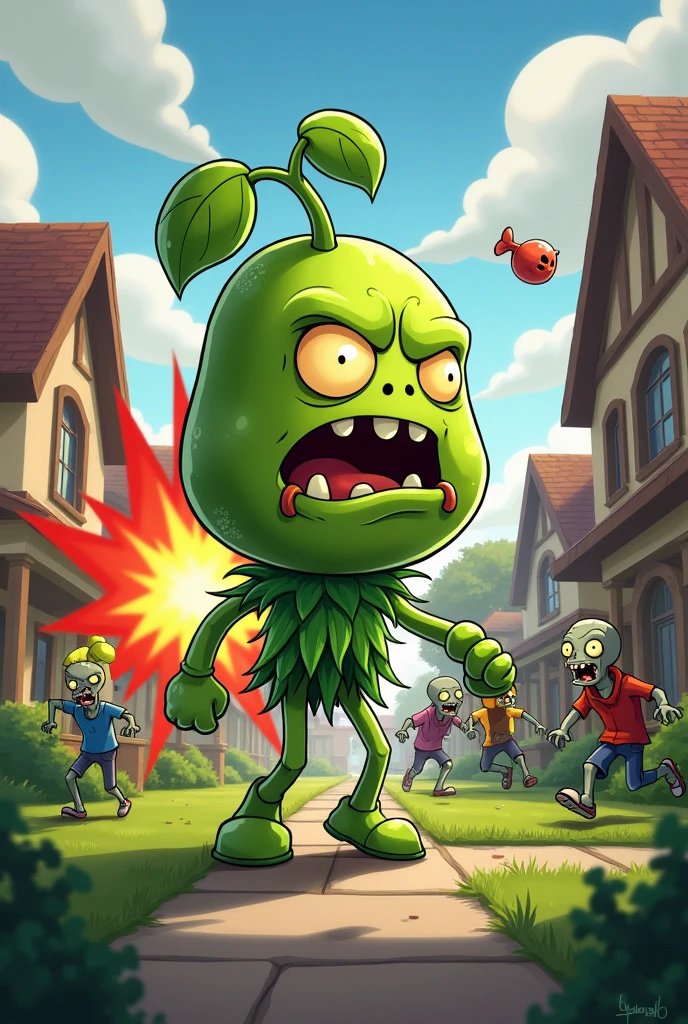 Lanzaguistantes de planta vs zombies 2 en el patio frente a la casa con una mirada de traumado y con papapums explotando Behind y zombis (also from plant vs zombies 2) Behind, all with the drawing style of pvz 2